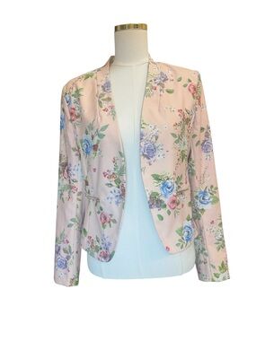 RolyPoly Floral Blazer Jacket Pink Open Front Lightweight Size L